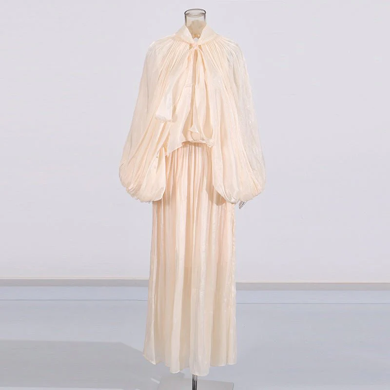 Balloon Sleeve Tie-Neck Maxi Dress(MS303) - Image 6