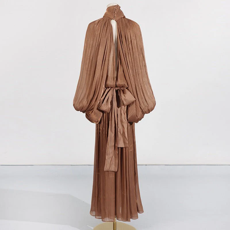 Balloon Sleeve Tie-Neck Maxi Dress(MS303) - Image 8