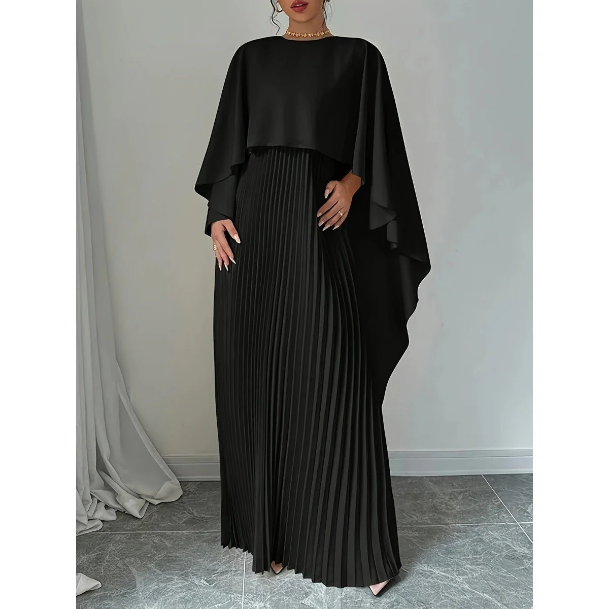Bat Sleeve Pleated Maxi Dress | Cream White Cape Dress with Dramatic Bell Sleeves (MA241) - Image 10