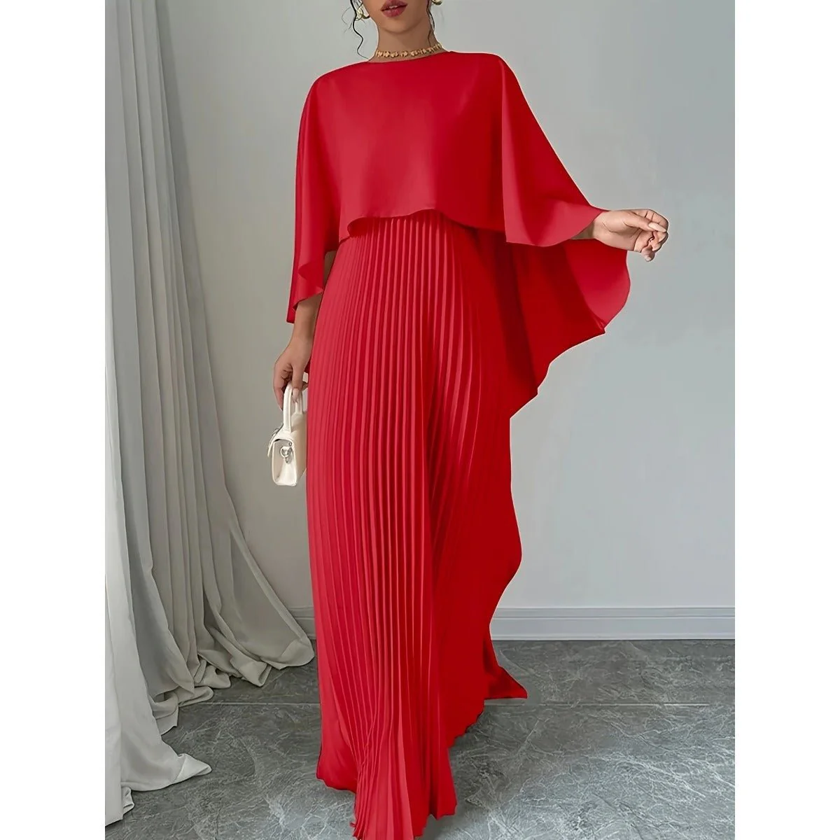 Bat Sleeve Pleated Maxi Dress | Cream White Cape Dress with Dramatic Bell Sleeves (MA241) - Image 12