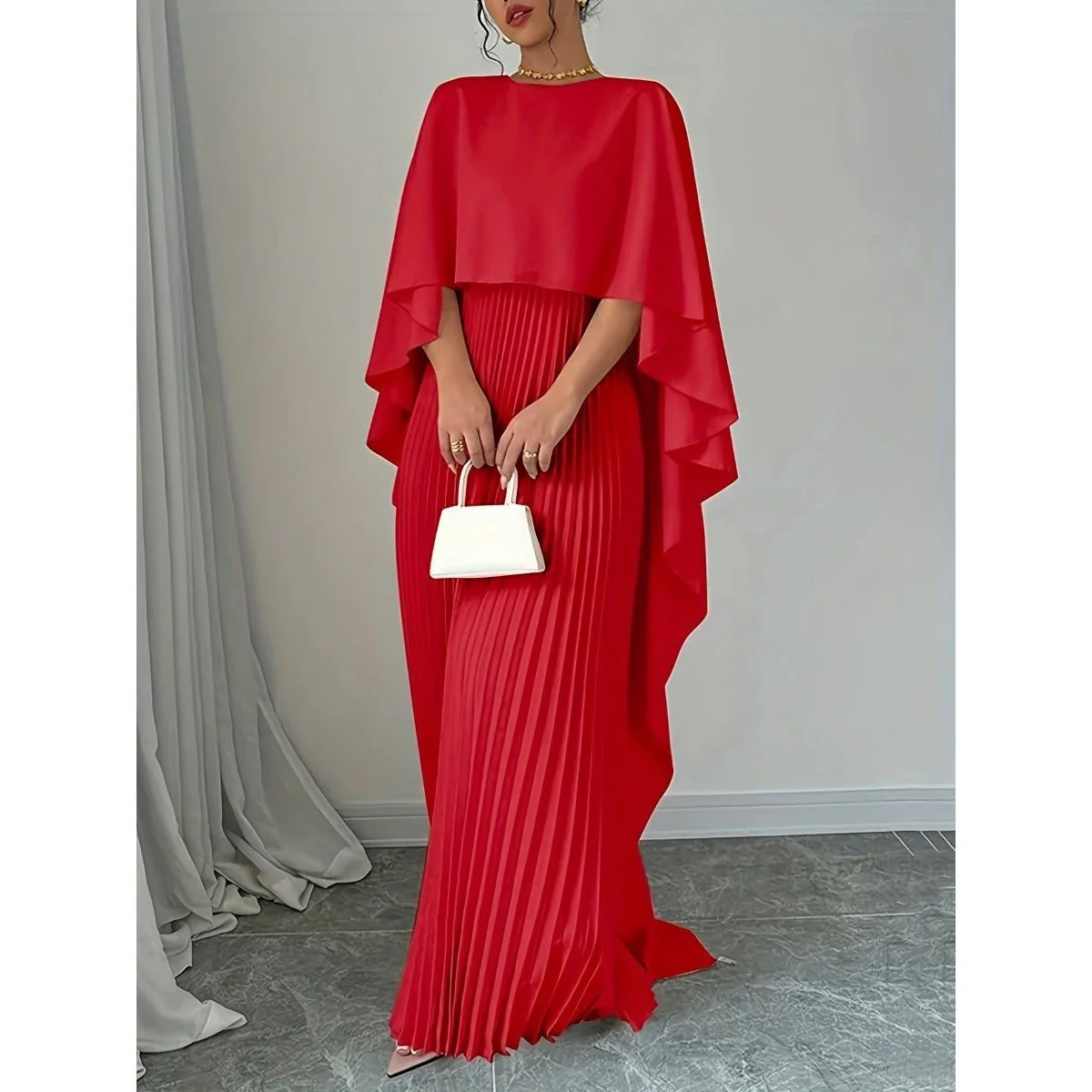 Bat Sleeve Pleated Maxi Dress | Cream White Cape Dress with Dramatic Bell Sleeves (MA241) - Image 13