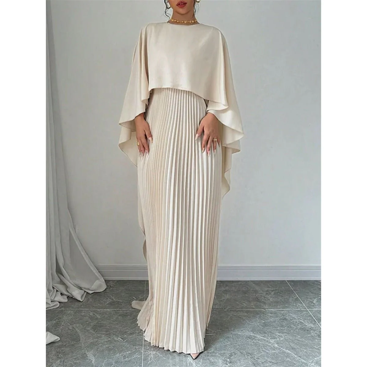 Bat Sleeve Pleated Maxi Dress | Cream White Cape Dress with Dramatic Bell Sleeves (MA241) - Image 3