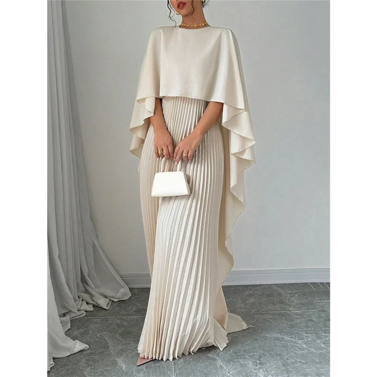 Bat Sleeve Pleated Maxi Dress | Cream White Cape Dress with Dramatic Bell Sleeves (MA241) - Image 4