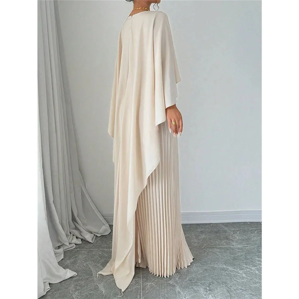 Bat Sleeve Pleated Maxi Dress | Cream White Cape Dress with Dramatic Bell Sleeves (MA241) - Image 5