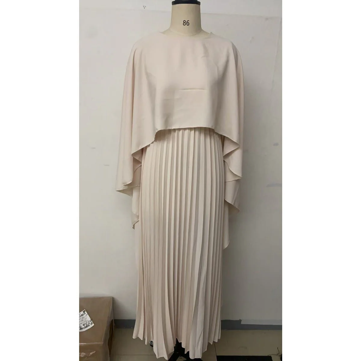 Bat Sleeve Pleated Maxi Dress | Cream White Cape Dress with Dramatic Bell Sleeves (MA241) - Image 6