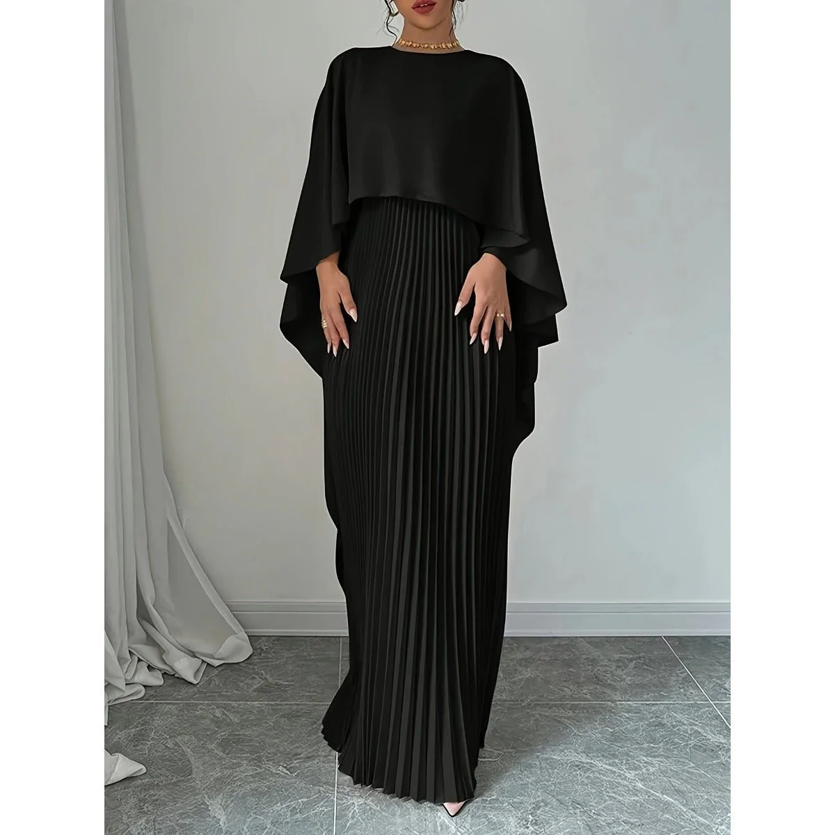 Bat Sleeve Pleated Maxi Dress | Cream White Cape Dress with Dramatic Bell Sleeves (MA241) - Image 8