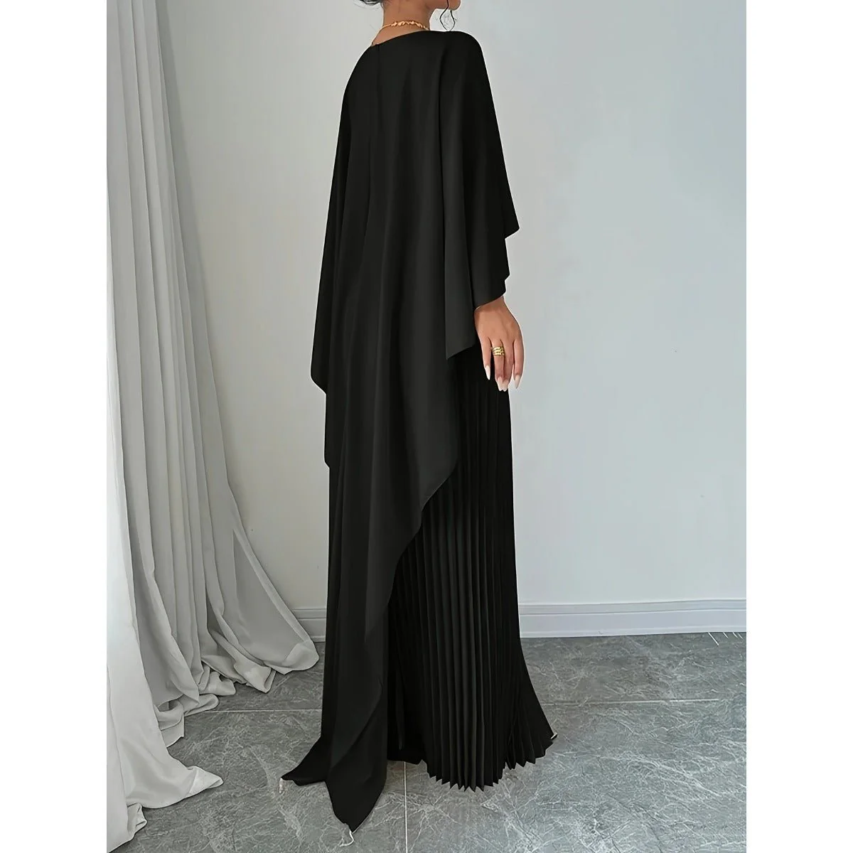 Bat Sleeve Pleated Maxi Dress | Cream White Cape Dress with Dramatic Bell Sleeves (MA241) - Image 9