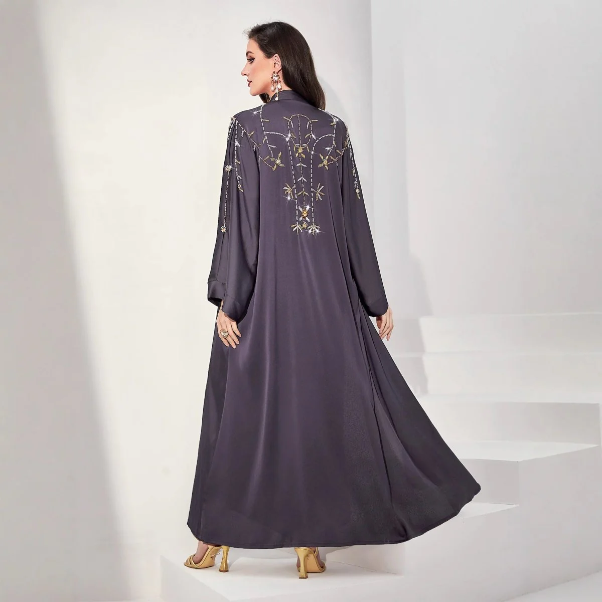 Beaded Floral Vine Abaya | Open-Front Embellished Cardigan (MOA268) - Image 2