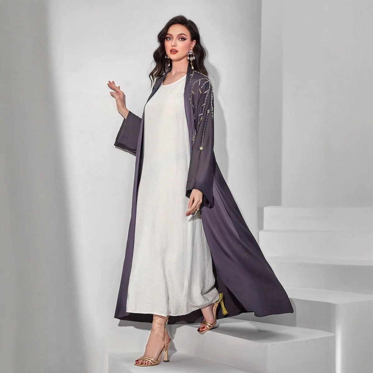 Beaded Floral Vine Abaya | Open-Front Embellished Cardigan (MOA268) - Image 3