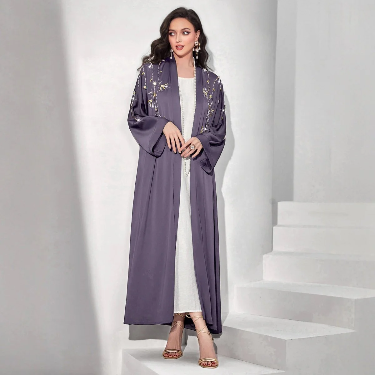 Beaded Floral Vine Abaya | Open-Front Embellished Cardigan (MOA268) - Image 4