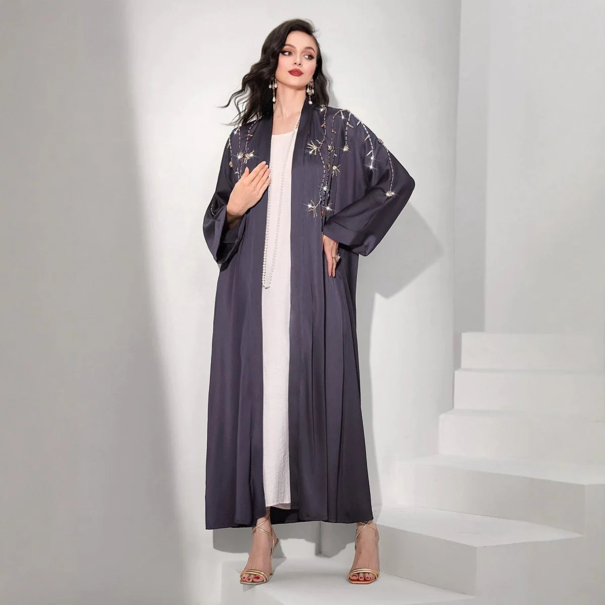 Beaded Floral Vine Abaya | Open-Front Embellished Cardigan (MOA268) - Image 5