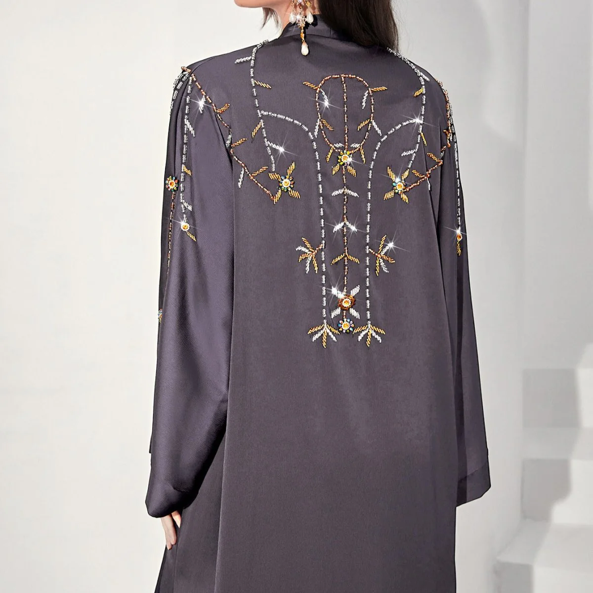 Beaded Floral Vine Abaya | Open-Front Embellished Cardigan (MOA268) - Image 6