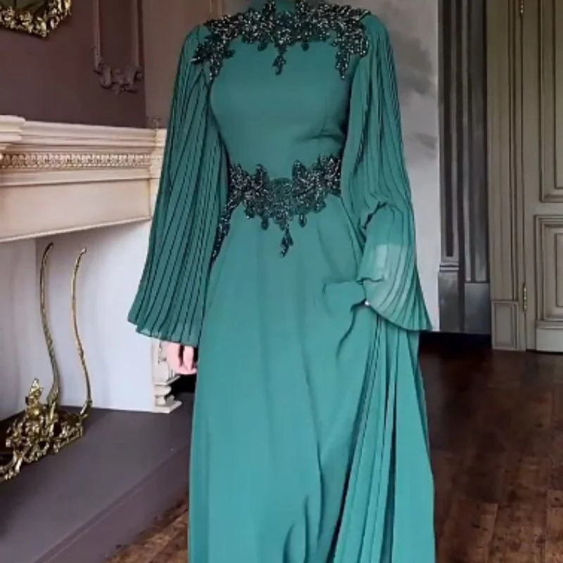 Beaded Lace Evening Gown | Pleated Sleeve Maxi Dress with Crystal Applique(MA346) - Image 5