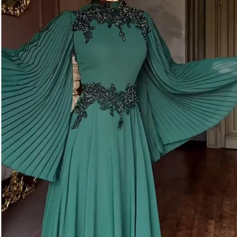 Beaded Lace Evening Gown | Pleated Sleeve Maxi Dress with Crystal Applique(MA346) - Image 6
