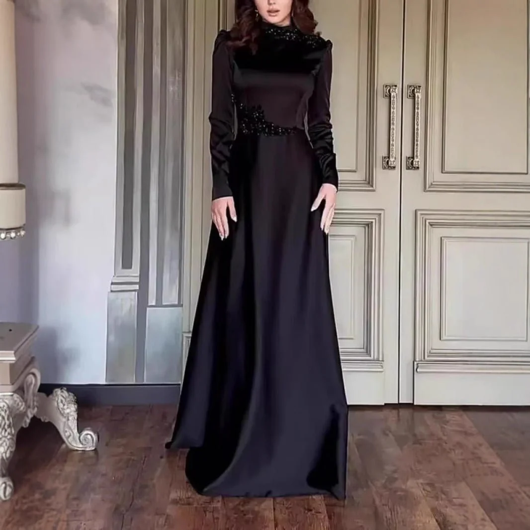 Beaded Satin Evening Gown | High Neck Long Sleeve Maxi Dress(MA348) - Image 2
