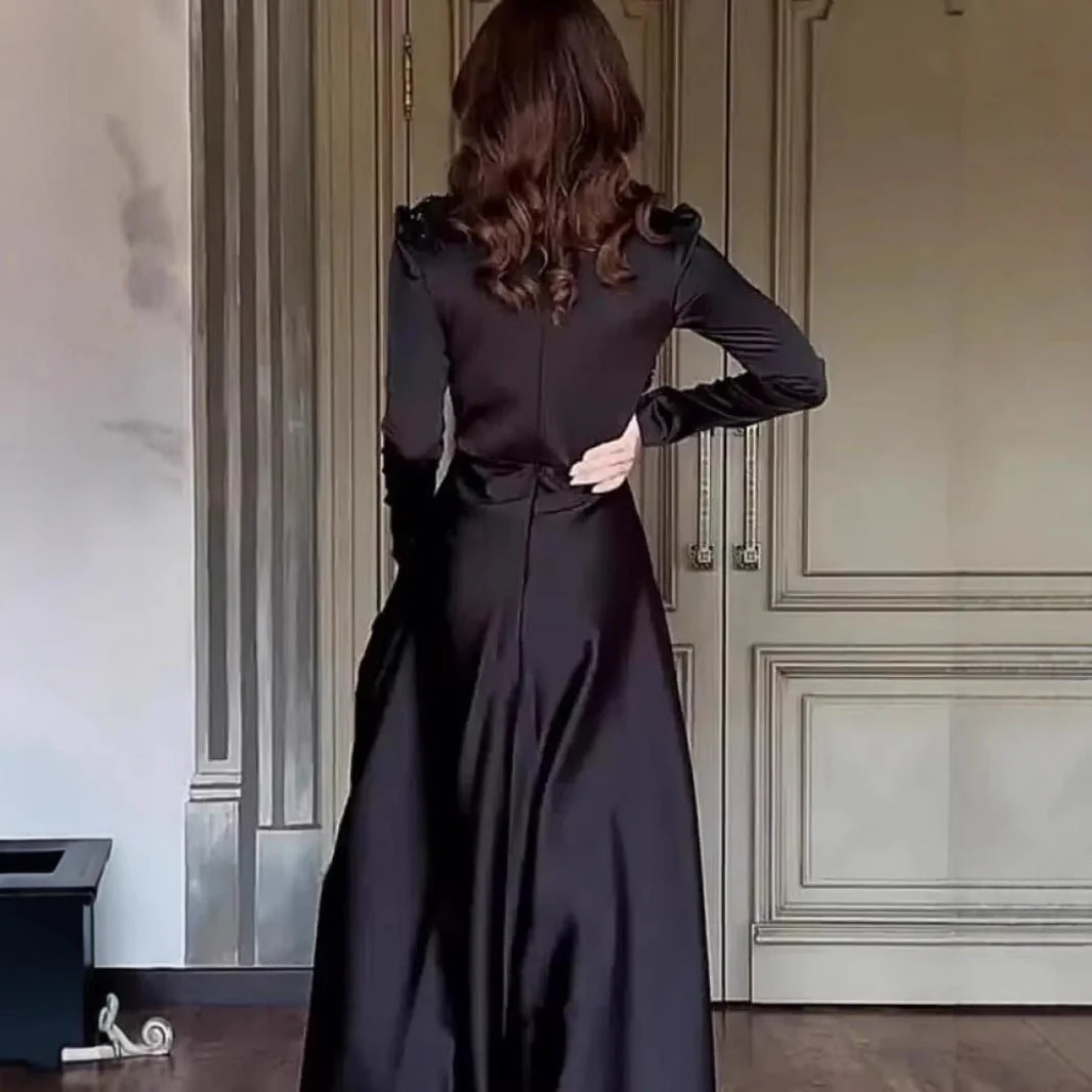 Beaded Satin Evening Gown | High Neck Long Sleeve Maxi Dress(MA348) - Image 4