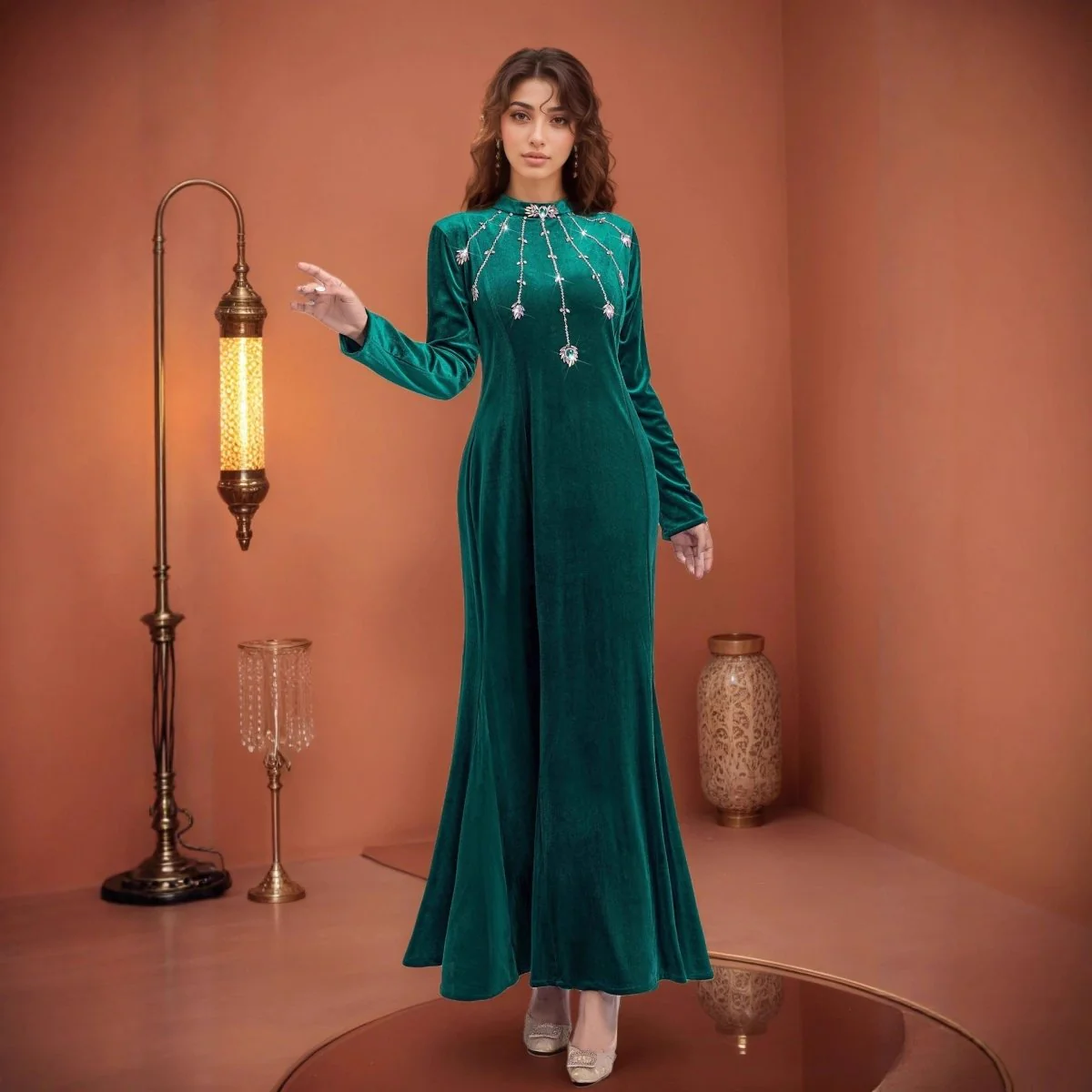 Beaded Velvet Mermaid Gown | Hand-Embellished Fishtail Dress(MA375) - Image 2
