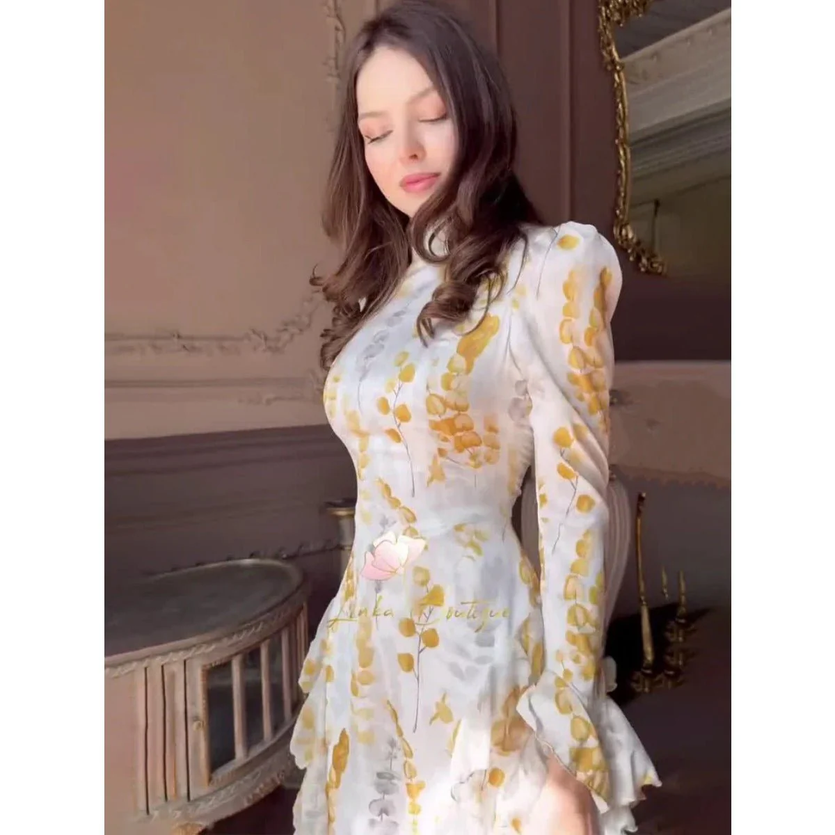 Bell Sleeve Floral Print Satin Lace-Up Back Long Sleeve Modest Abaya (MA165) - Image 10