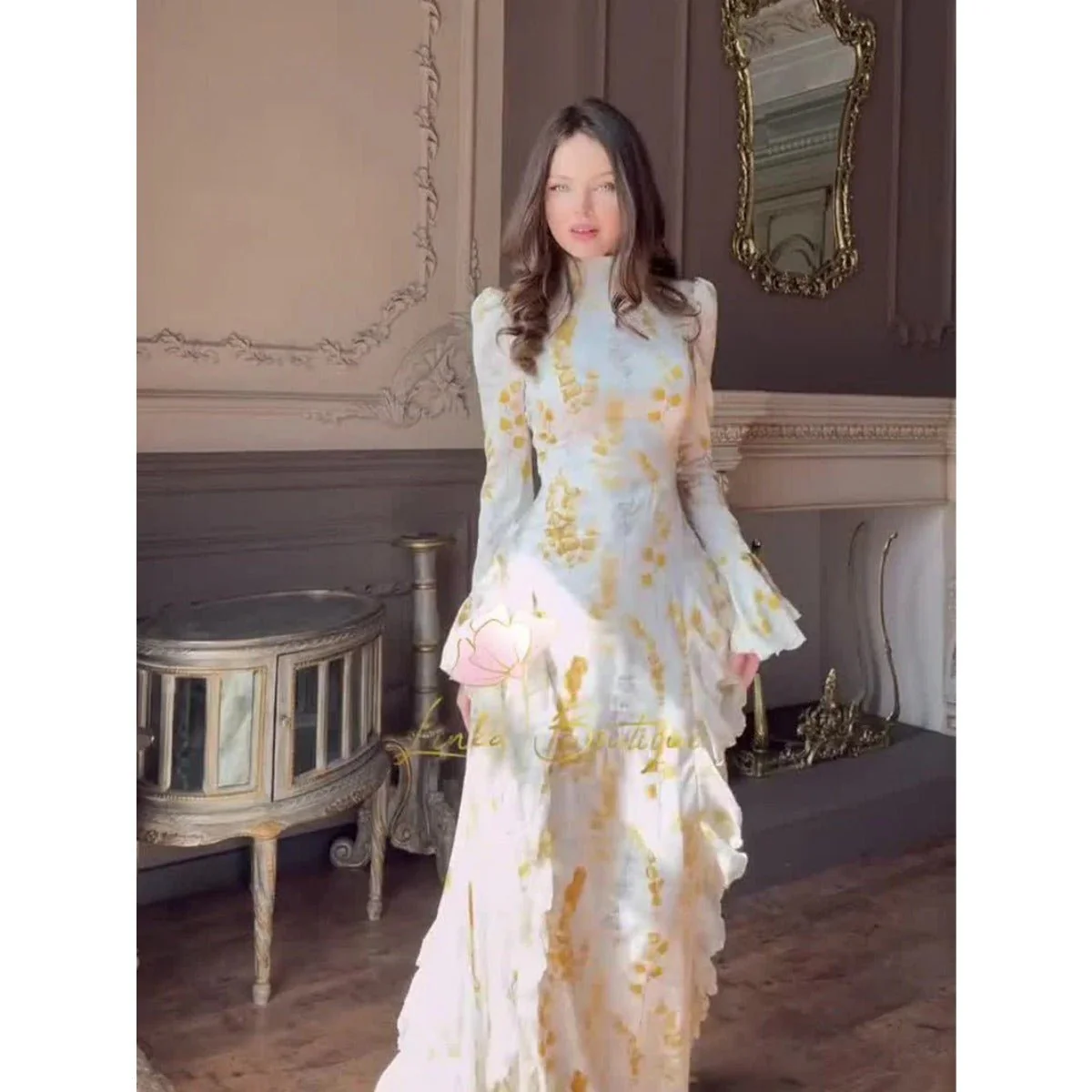 Bell Sleeve Floral Print Satin Lace-Up Back Long Sleeve Modest Abaya (MA165) - Image 11