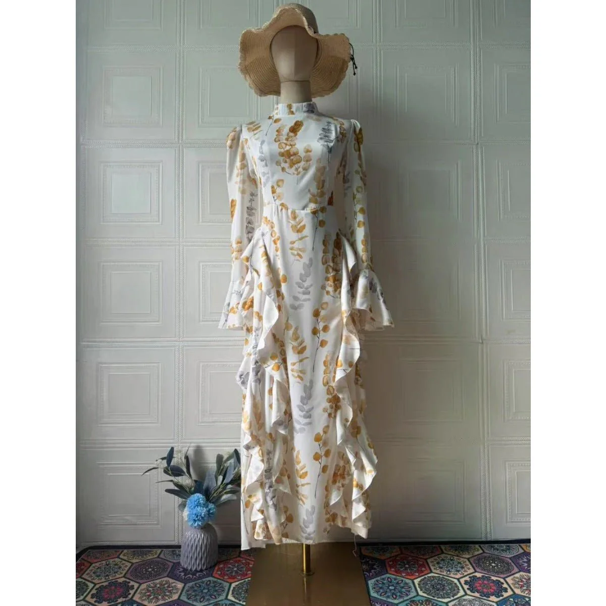 Bell Sleeve Floral Print Satin Lace-Up Back Long Sleeve Modest Abaya (MA165) - Image 12