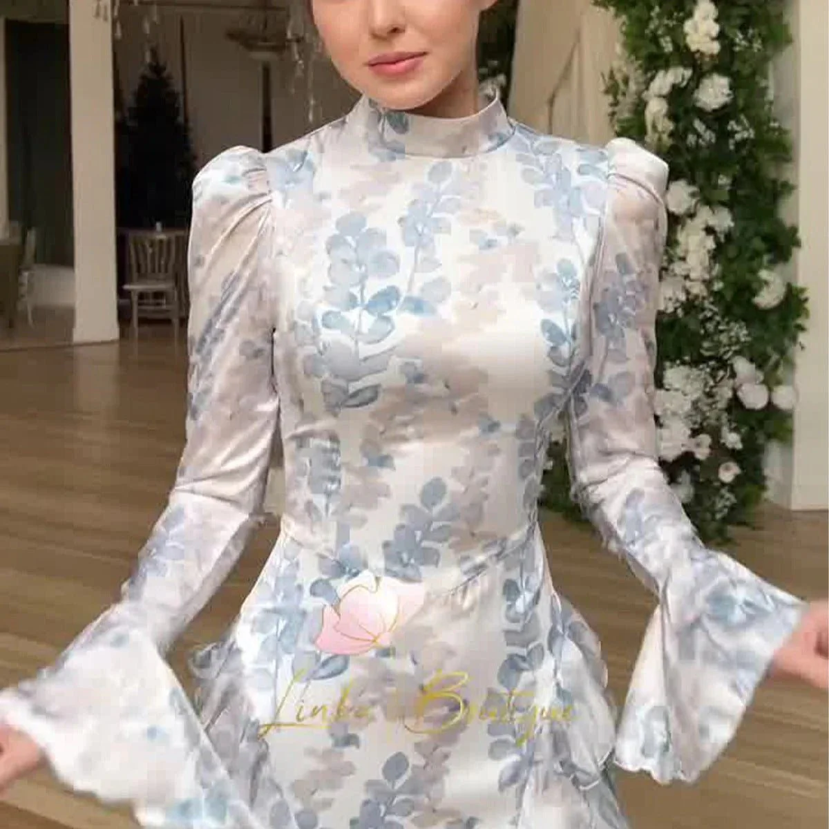 Bell Sleeve Floral Print Satin Lace-Up Back Long Sleeve Modest Abaya (MA165) - Image 3