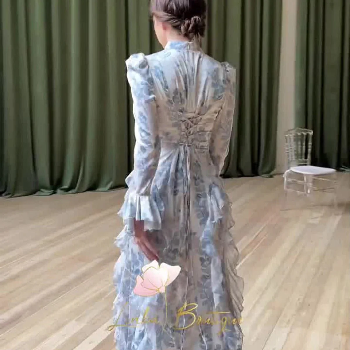 Bell Sleeve Floral Print Satin Lace-Up Back Long Sleeve Modest Abaya (MA165) - Image 4