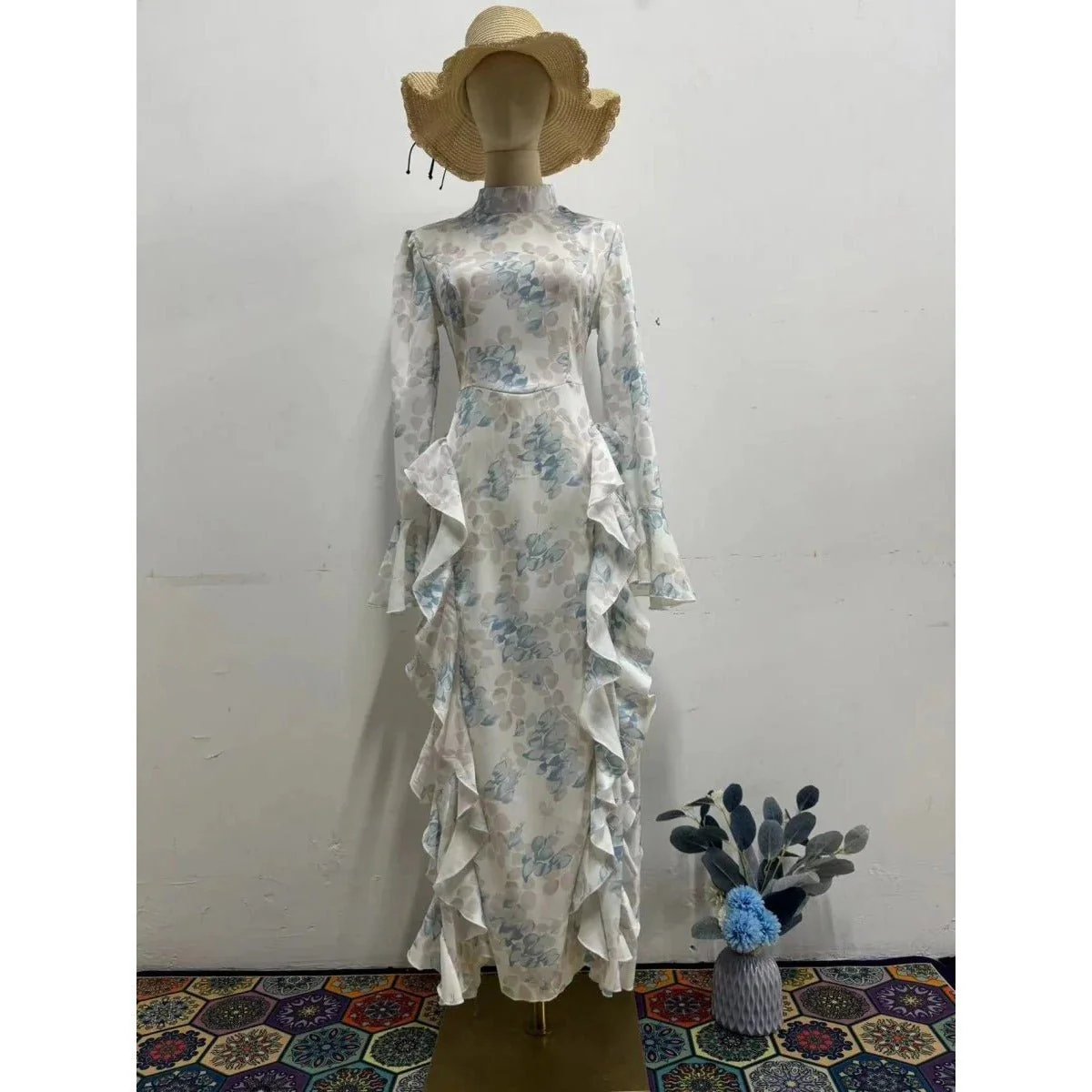 Bell Sleeve Floral Print Satin Lace-Up Back Long Sleeve Modest Abaya (MA165) - Image 5