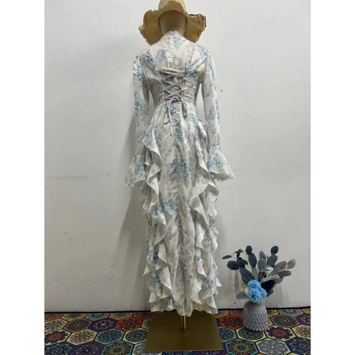 Bell Sleeve Floral Print Satin Lace-Up Back Long Sleeve Modest Abaya (MA165) - Image 6