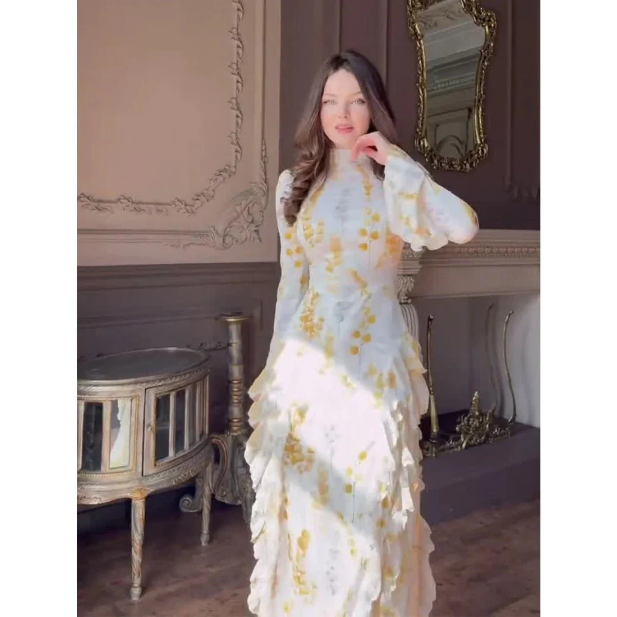 Bell Sleeve Floral Print Satin Lace-Up Back Long Sleeve Modest Abaya (MA165) - Image 7