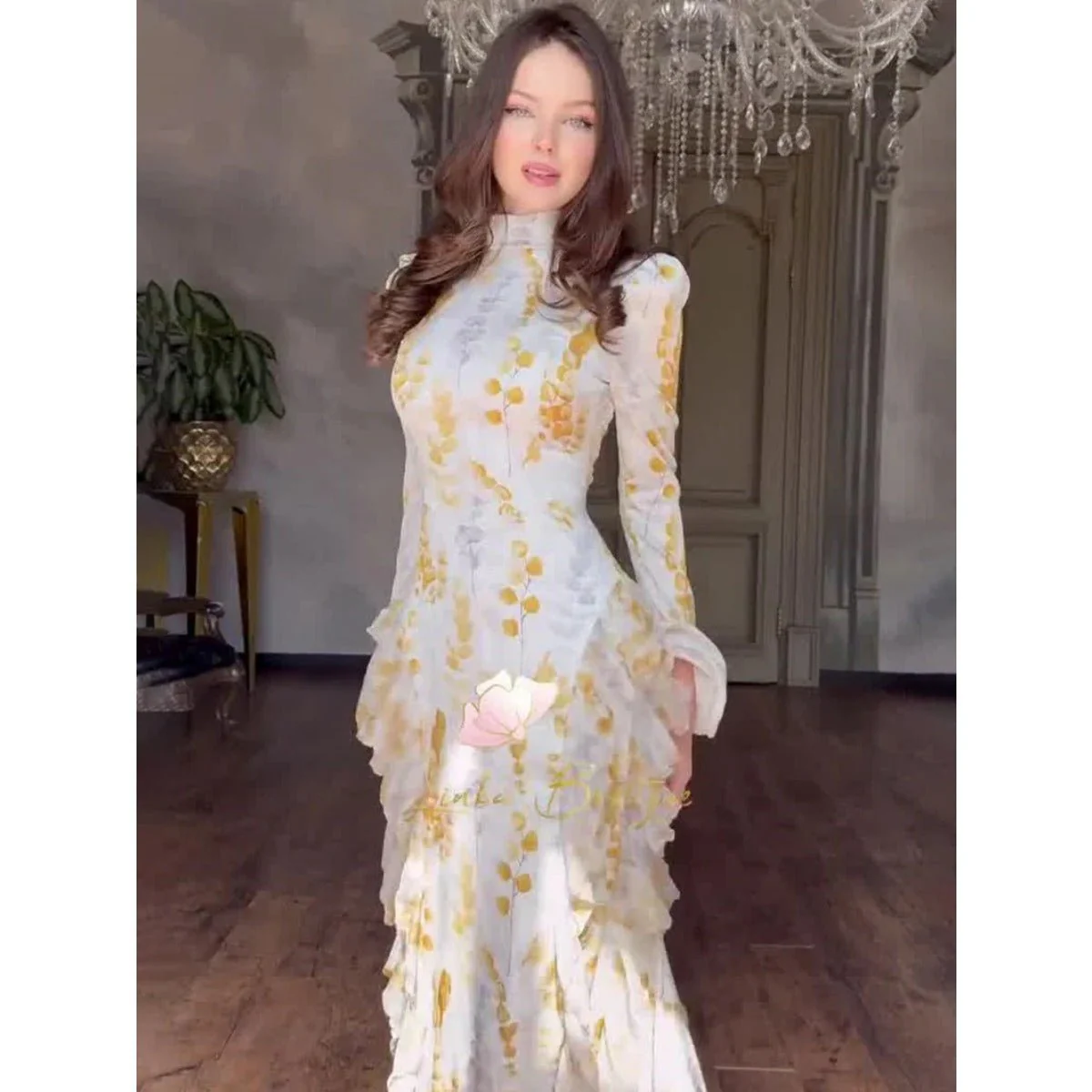 Bell Sleeve Floral Print Satin Lace-Up Back Long Sleeve Modest Abaya (MA165) - Image 8