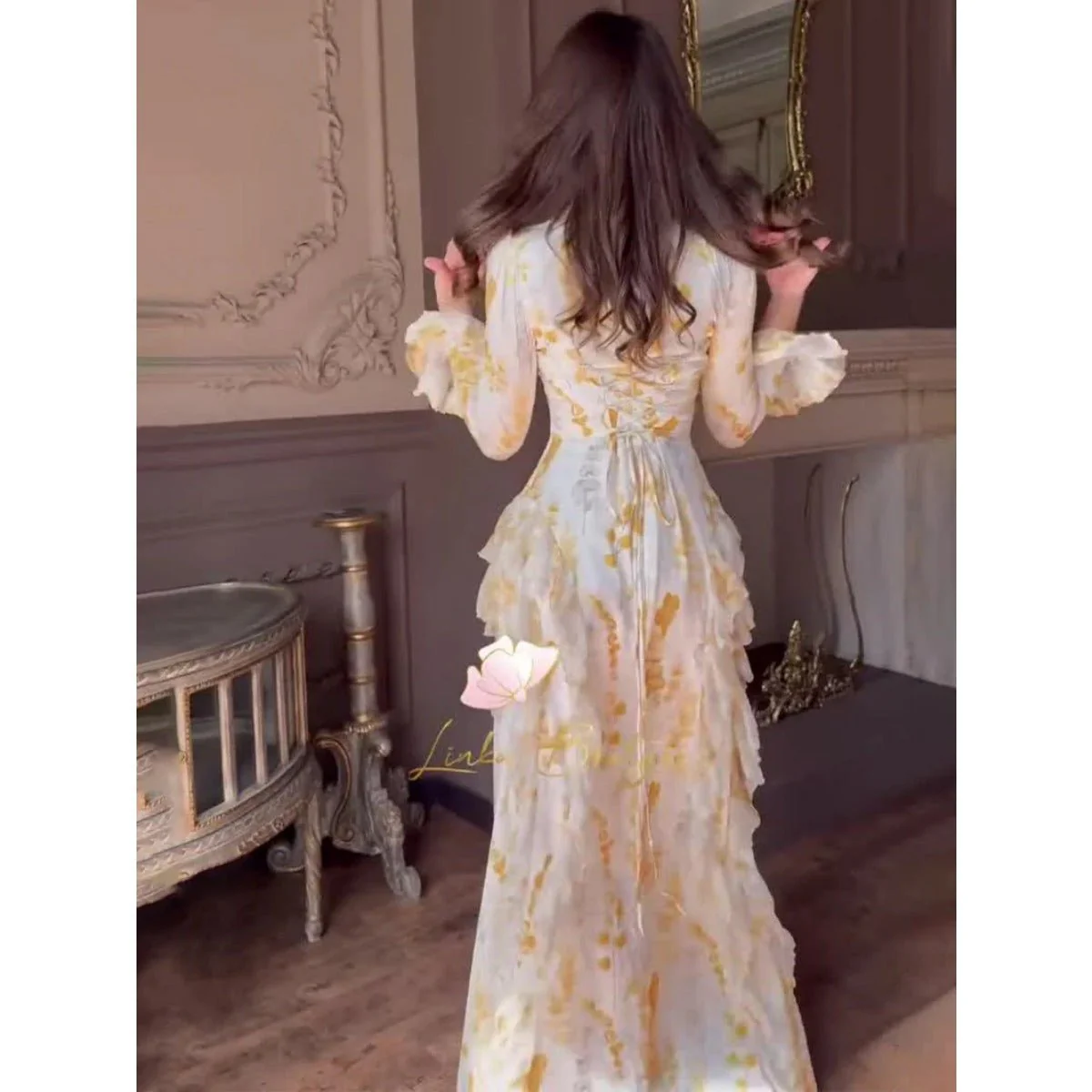Bell Sleeve Floral Print Satin Lace-Up Back Long Sleeve Modest Abaya (MA165) - Image 9