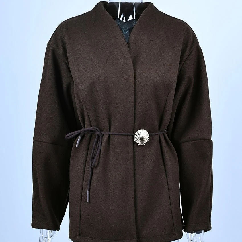 Belted Wool Coat with Shell Brooch(MS255) - Image 6