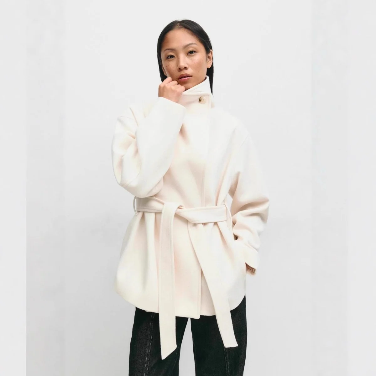 Belted Wrap Coat with Wide Collar | Double-Faced Wool Blend Jacket(MS254) - Image 2