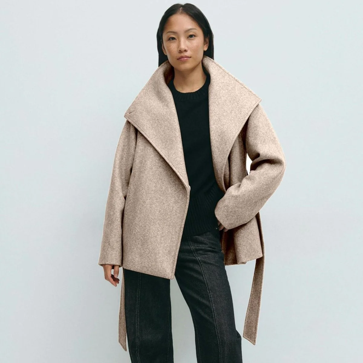 Belted Wrap Coat with Wide Collar | Double-Faced Wool Blend Jacket(MS254) - Image 26