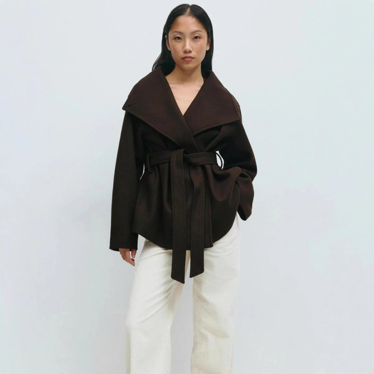 Belted Wrap Coat with Wide Collar | Double-Faced Wool Blend Jacket(MS254) - Image 3
