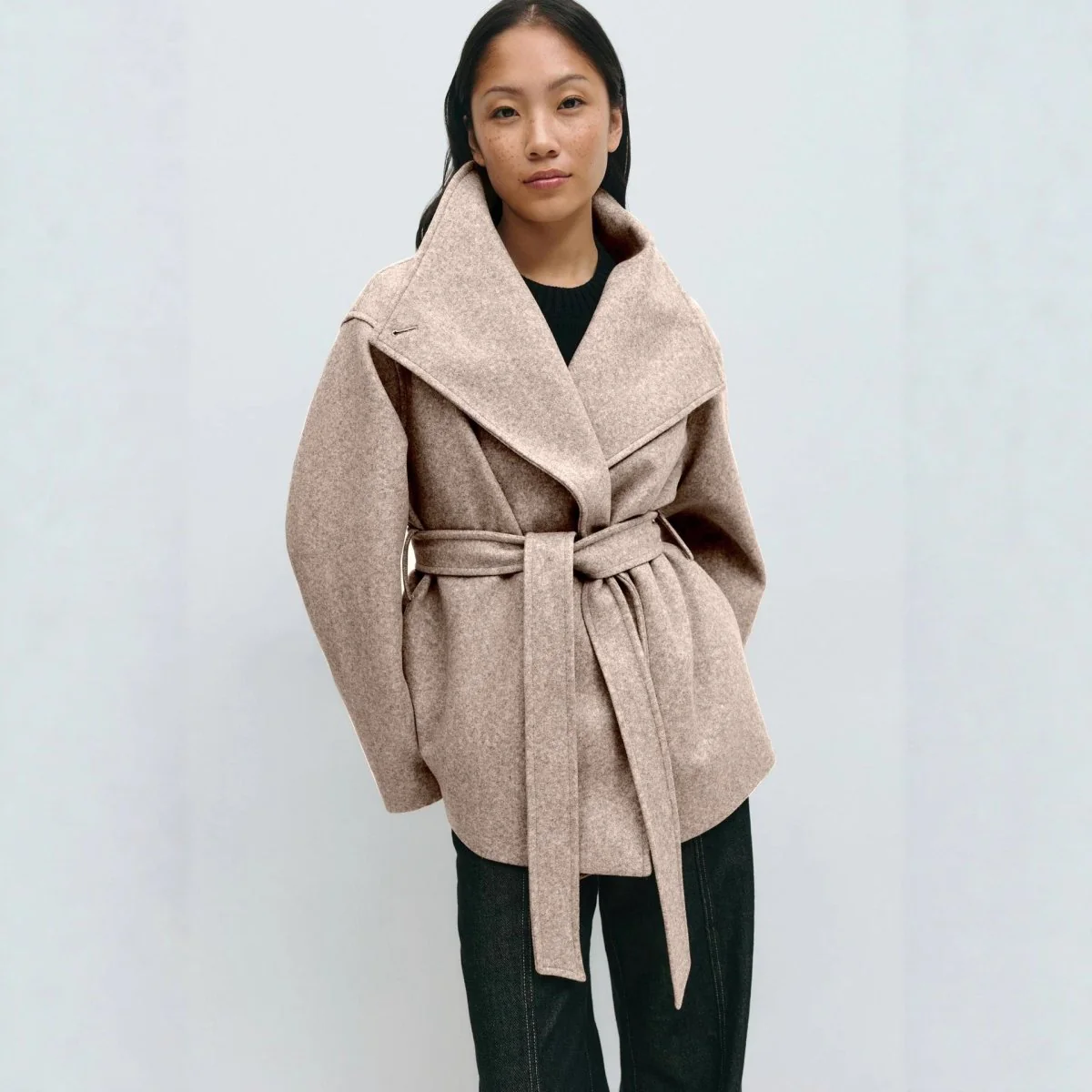 Belted Wrap Coat with Wide Collar | Double-Faced Wool Blend Jacket(MS254) - Image 4