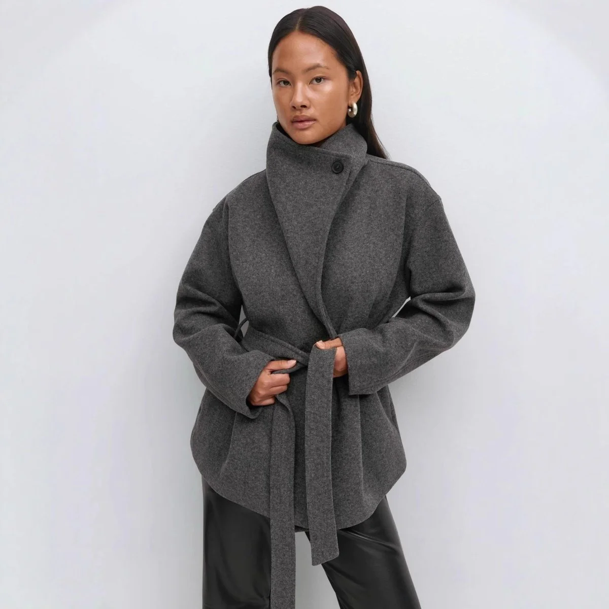 Belted Wrap Coat with Wide Collar | Double-Faced Wool Blend Jacket(MS254) - Image 5