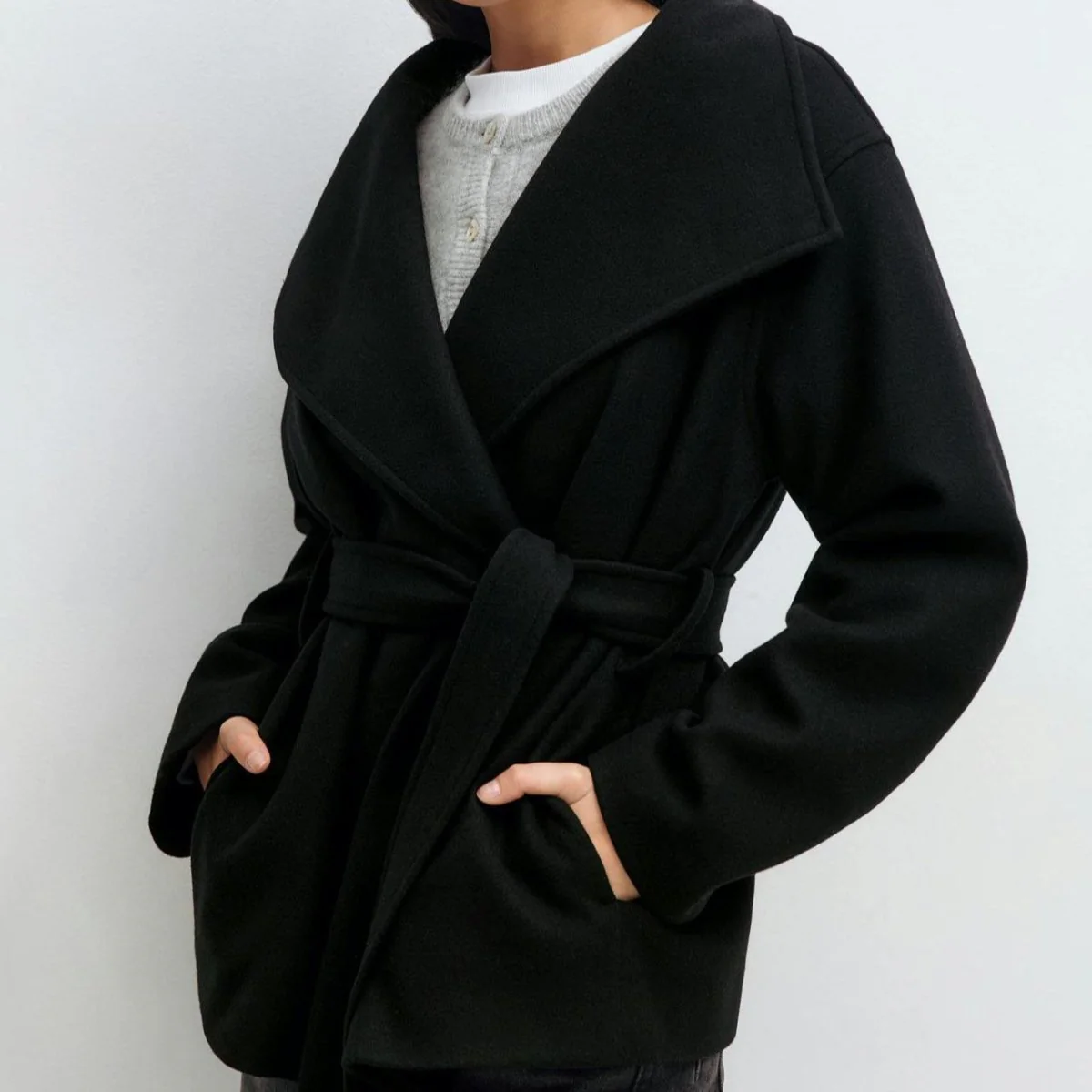 Belted Wrap Coat with Wide Collar | Double-Faced Wool Blend Jacket(MS254) - Image 6