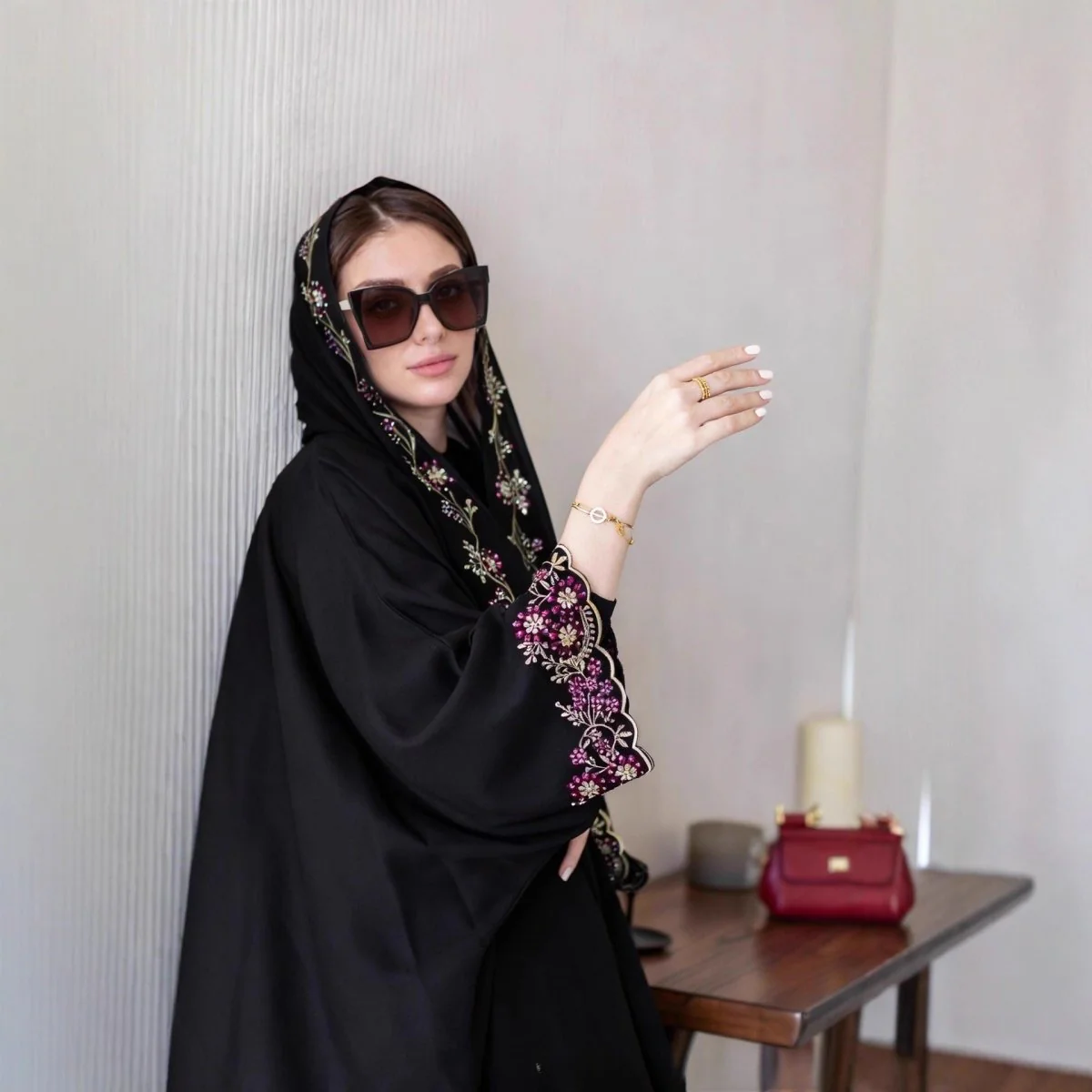 Black Abaya with Embroidered Floral Hijab Set (MOA279) - Image 3