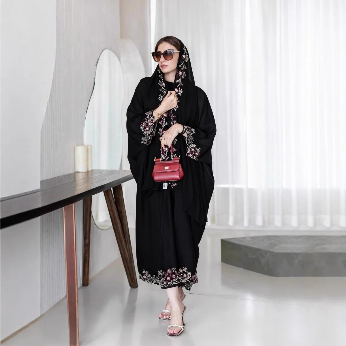 Black Abaya with Embroidered Floral Hijab Set (MOA279) - Image 4