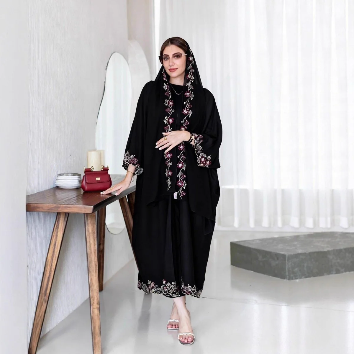 Black Abaya with Embroidered Floral Hijab Set (MOA279) - Image 5