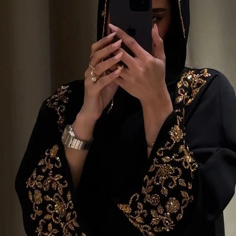Luxury Black Embroidered Diamond Abaya Set (MOA184) - Image 10