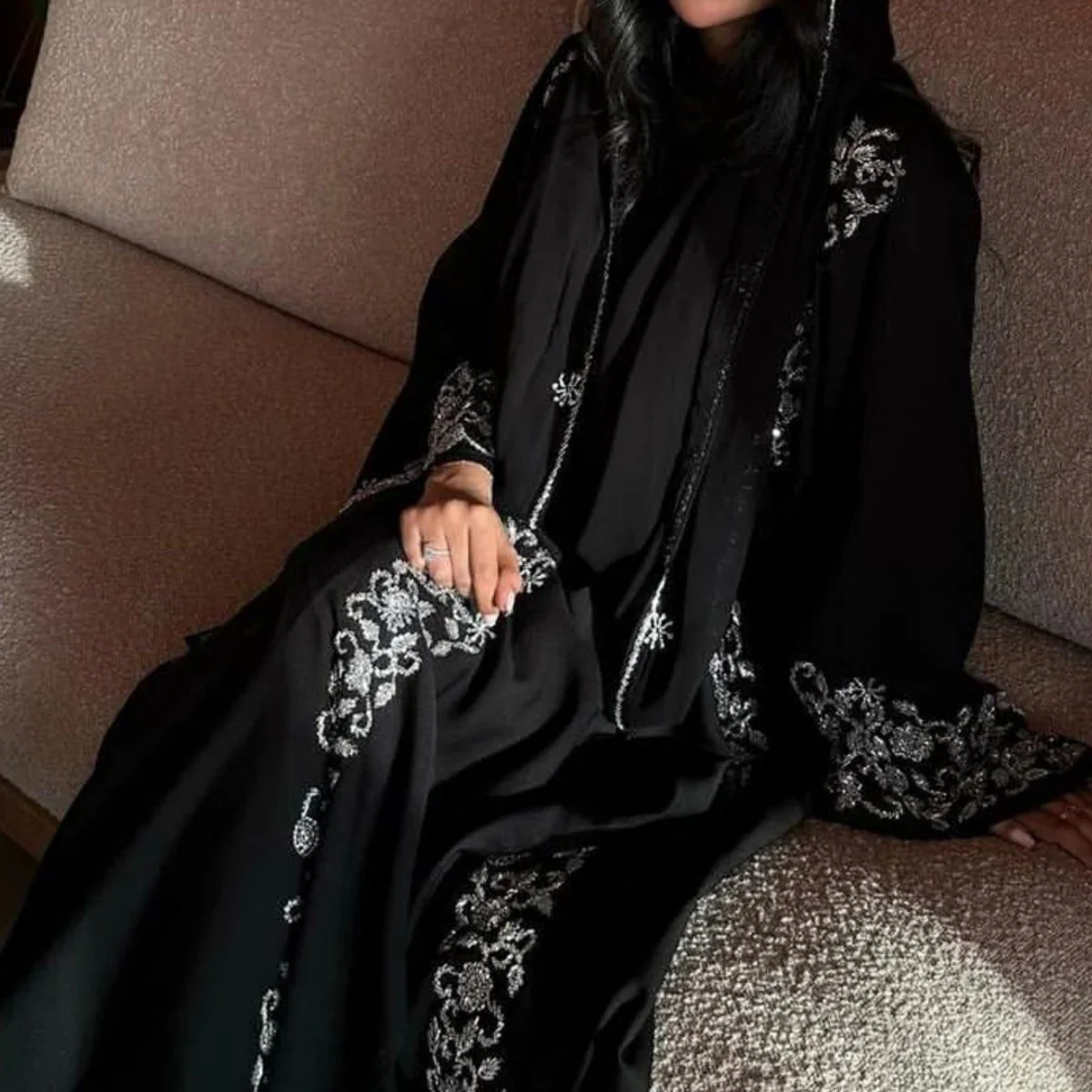 Luxury Black Embroidered Diamond Abaya Set (MOA184) - Image 4