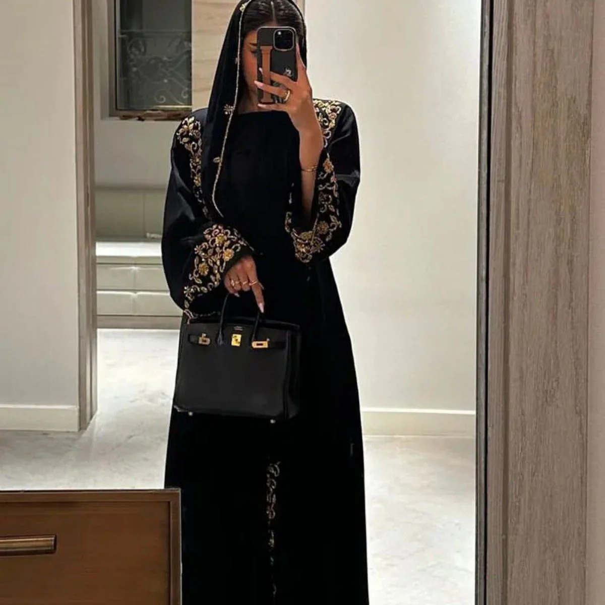 Luxury Black Embroidered Diamond Abaya Set (MOA184) - Image 5