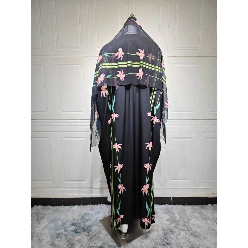 Black Floral Print Abaya Set | Lightweight Breathable Cardigan with Matching Hijab(MOA230) - Image 10