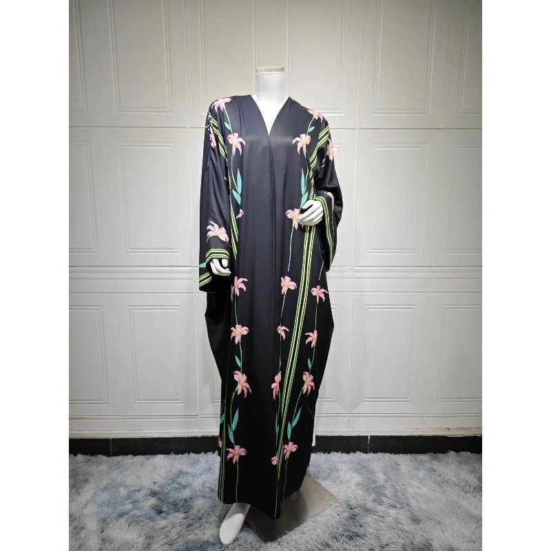 Black Floral Print Abaya Set | Lightweight Breathable Cardigan with Matching Hijab(MOA230) - Image 11
