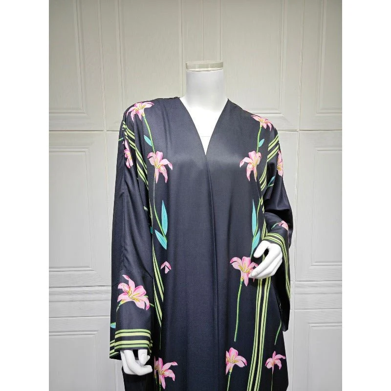 Black Floral Print Abaya Set | Lightweight Breathable Cardigan with Matching Hijab(MOA230) - Image 12
