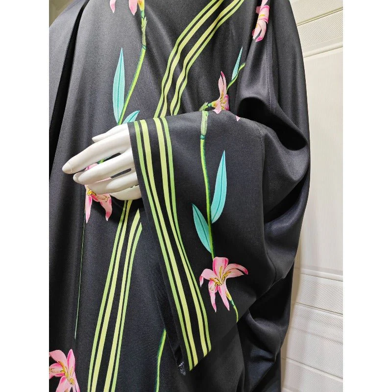 Black Floral Print Abaya Set | Lightweight Breathable Cardigan with Matching Hijab(MOA230) - Image 13