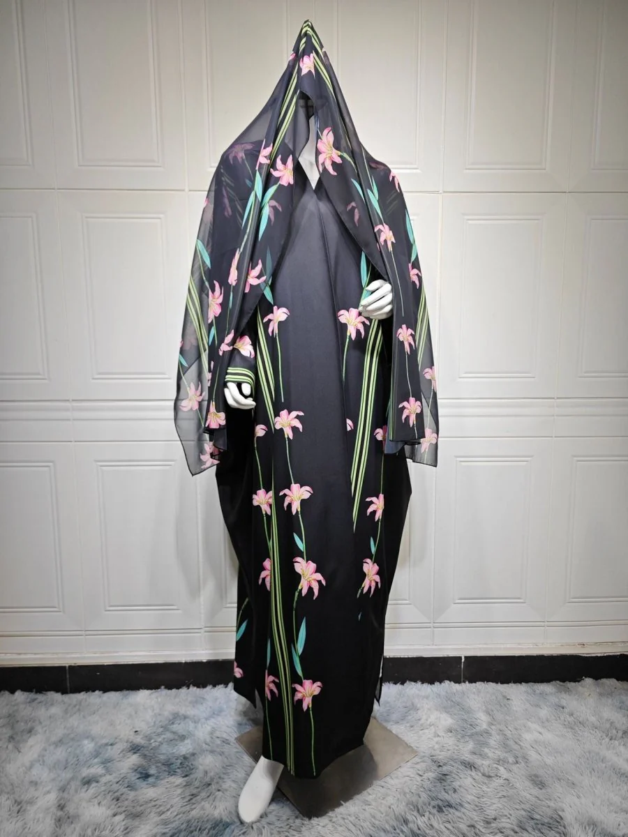 Black Floral Print Abaya Set | Lightweight Breathable Cardigan with Matching Hijab(MOA230) - Image 15