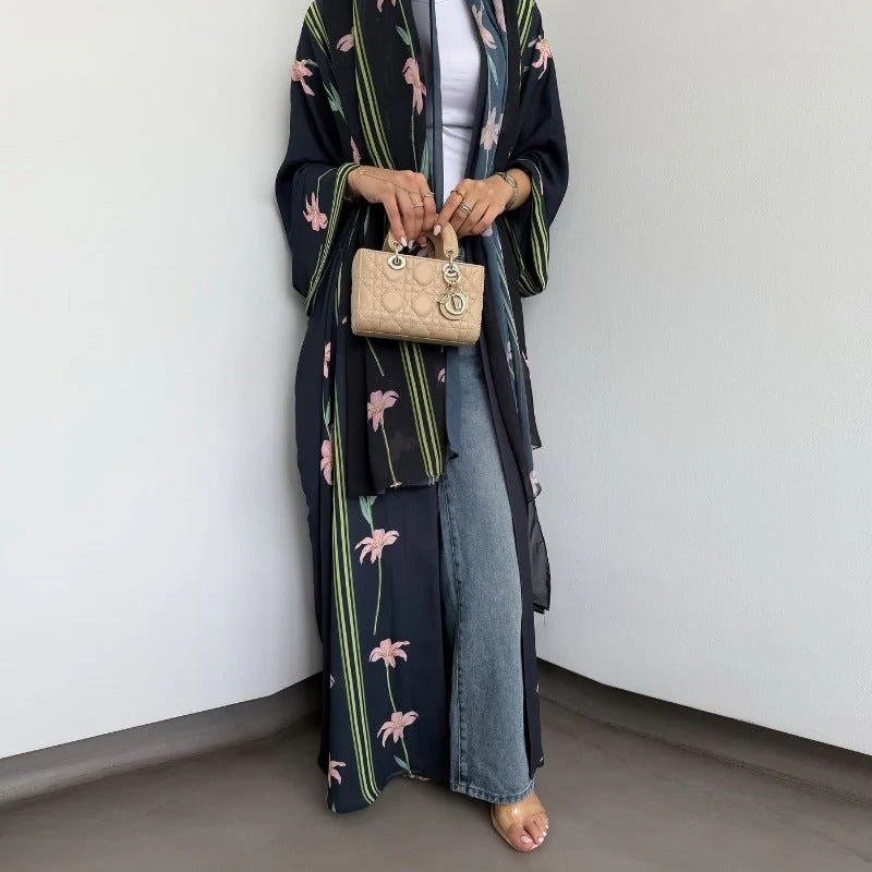 Black Floral Print Abaya Set | Lightweight Breathable Cardigan with Matching Hijab(MOA230) - Image 3